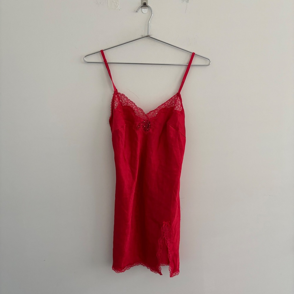 Victoria Secret Red Satin Lace Trim Rhinestone Slip Dress Chemise XS